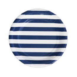 Prato de Papel Listrado Azul Marinho 19cm - 8 unds