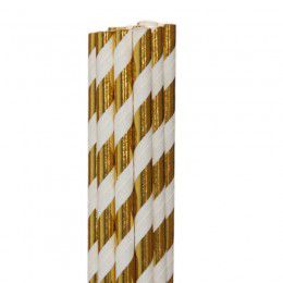 Canudo de Papel Listrado Laminado Dourado - 20 unds