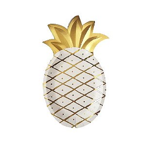 🔹 Prato de Papel Formato Abacaxi Gold Branco com Dourado – Kit com 6 Unidades | Ideal para Festas e Decoração Temática