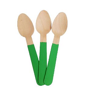 Colher de Madeira Verde Folha 14cm - 10 unds
