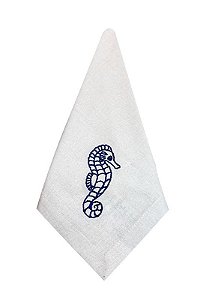 Guardanapo Linho Branco Bordado Cavalo Marinho - Kit com 2 unidades