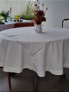 Toalha de Mesa Redonda Linho Branco Ponto Palito  - A partir de 4 LUGARES