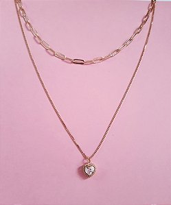 Colar duplo corrente cartier e corrente com coração folheado a ouro 18k