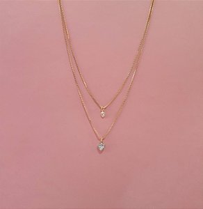 Colar duplo corações de zircônia folheado a ouro 18k