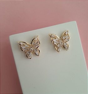 BRINCO BORBOLETA COM ZIRCÔNIAS FOLHEADO A OURO 18K