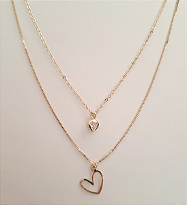 GARGANTILHA DUPLA COM CORAÇÃO VAZADO E MINI CORAÇÃO DE ZIRCÔNIA FOLHEADO A OURO 18K