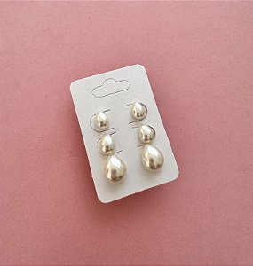 KIT 3 BRINCOS GOTA PÉROLA FOLHEADO A OURO 18k