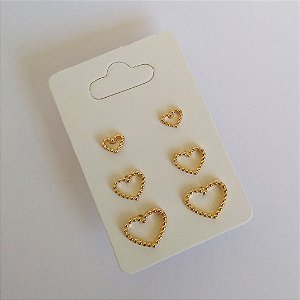 kit brincos coração folheado a ouro 18k