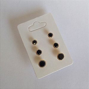 Kit trio de  brincos com strass   preto  folheado a ouro 18k