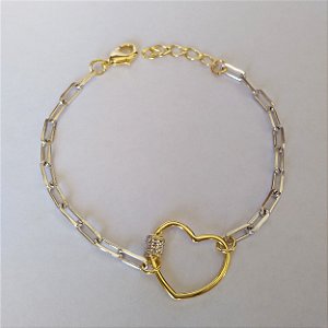Pulseira com coração vazado folheada a ouro 18k e ródio branco