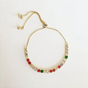 Pulseira regulável com zircônias coloridas folheada a ouro 18k