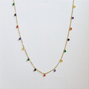 Colar longo com cristais coloridos folheado a ouro18k