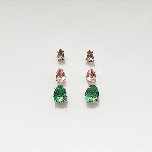 Kit com 3 brincos de gotas coloridas folheado a ouro 18k