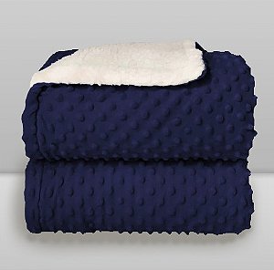 Cobertor Plush com Sherpa Dots Azul Navy