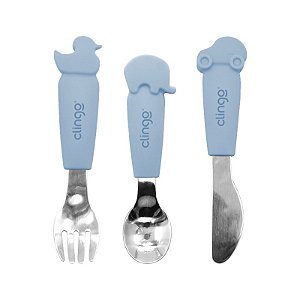 Kit de Talheres Animais Metal e Silicone Azul - Clingo