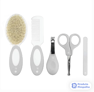 Kit Higiene para Bebê 5 Peças de Cerdas Naturais - Cinza
