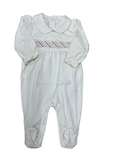 Macacão de Pima Off White Smock Verde Rosa e Cinza