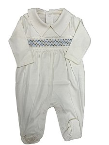 Macacão de Pima Off White Bordado Smock Azul e Cinza