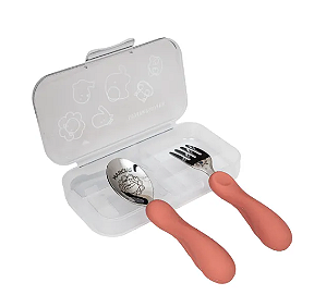 Jogo Anatômico Colher e Garfo em Silicone e Inox 2 pçs Leão Marcus Coral (com Case)