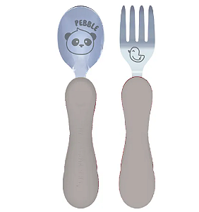 Jogo Anatômico Colher e Garfo em Silicone e Inox 2 pçs Panda Pebble Cinza Claro (com Case) Marcus & Marcus