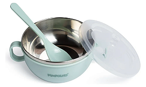 Tigela Com Colher E Tampa Em Inox Verde 300ml - Pimpolho