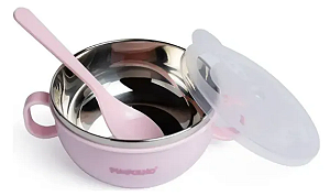 Tigela Com Colher E Tampa Em Inox Rosa 300ml - Pimpolho