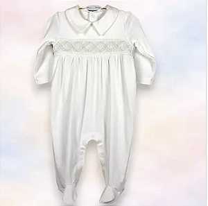 Macacão Algodão Pima Ponto Smock Zig Zag Off White Bordado Verde e Azul