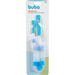 Buba Kit Escova de Limpeza Mamadeira e Bico Buba c/ Esponja Azul