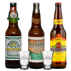 COMBO CACHAÇAS CANARINHA + HAVANINHA + CLAUDIONOR + 2 COPOS BRINDE