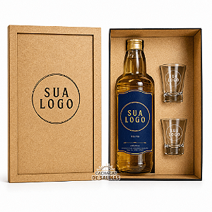 KIT CAIXA ESTOJO CACHAÇA PERSONALIZADA 700ML LOGO + 2 COPOS