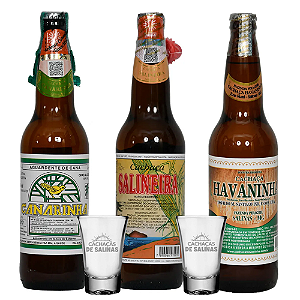 COMBO CACHAÇAS CANARINHA + HAVANINHA + SALINEIRA + 2 COPOS BRINDE