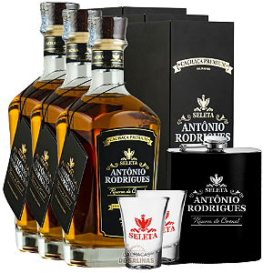 COMBO 3 GARRAFAS CACHAÇA ANTONIO RODRIGUES + 1 CANTIL + 2 COPOS