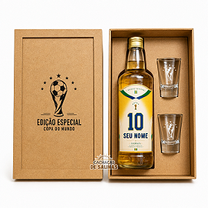 Kit Cachaça Personalizada Nome Edição Copa do Mundo + 2 Copos + Caixa