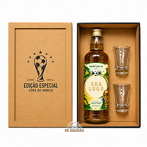 Kit Cachaça Copa do Mundo Personalizada Logo + 2 Copos + Caixa
