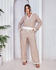 Conjunto Tricot Feminino Blusa Manga Longa & Calça Wide Leg