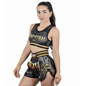 Conjunto Muay Thai Feminino Top e Short Dragon Thai Dourado