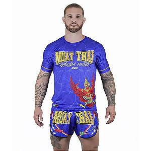 Conjunto Muay Thai Masculino Camiseta e Short Garuda Fighter Azul
