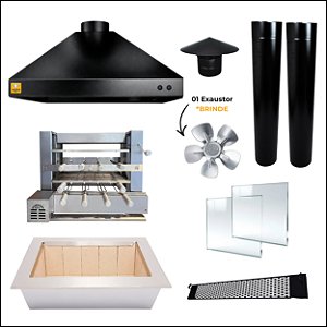 Kit Churrasqueira Gourmet Completa Mod. 3 Águas Preta com Grill Elevatório