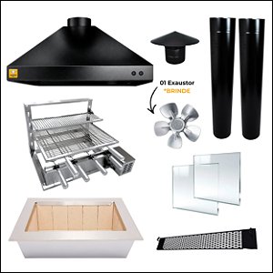 Kit Churrasqueira Gourmet Completa Mod. Três Águas Preta com Suporte L + Elétrico
