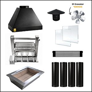Kit Churrasqueira Gourmet 70cm Mod. Três Águas Preta com Suporte Elevatório