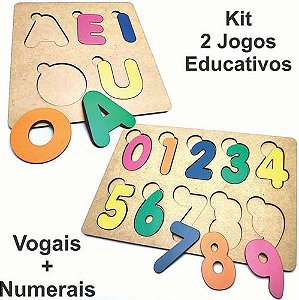 Kit Jogo Educativo Alfabeto e Numerais Coloridos em MDF