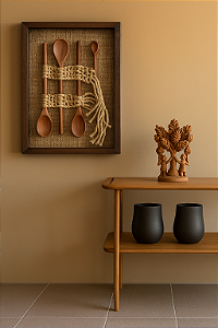 Escultura de Parede Decorativa com Colheres de Pau e Macramê- 32cm x 44cm