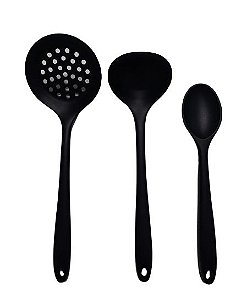 Conjunto 3 Peças -   Utensílios para Cozinha em Silicone - Preto Inteiriço Livre de BPA