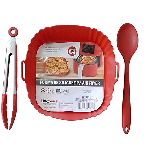 Kit 3 Peças Forro para Air Fryer Quadrada 21cm ,Pinça de 25cm e Colher de 27cm em Silicone Vermelho - UnyHome