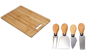 Jogo Utensílios P/ Queijo Inox 4 Peças e Tabua 24x34 cm.
