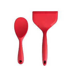 Duas Peças - Espátula Larga e Colher de Silicone Maciço Vermelho UNYHOME