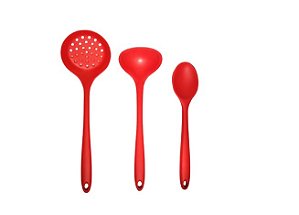 Jogo de 3 Peças - Concha, Colher e Escumadeira em Silicone Vermelho- UNYHOME