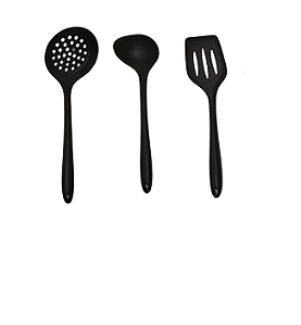 Conjunto de 3 Peças - Concha,Escumadeira e Espátula Vazada em Silicone Preto Livre de BPA UNYHOME.