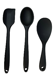 Conjunto de 3 Peças - Colher de Arroz 22,5cm e 27cm e Espátula 27cm em Silicone Preto - UNYHOME