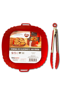 Kit Forro para Air Fryer Quadrada 21cm e Pinça Multiuso de 25cm em Silicone Vermelho - UnyHome